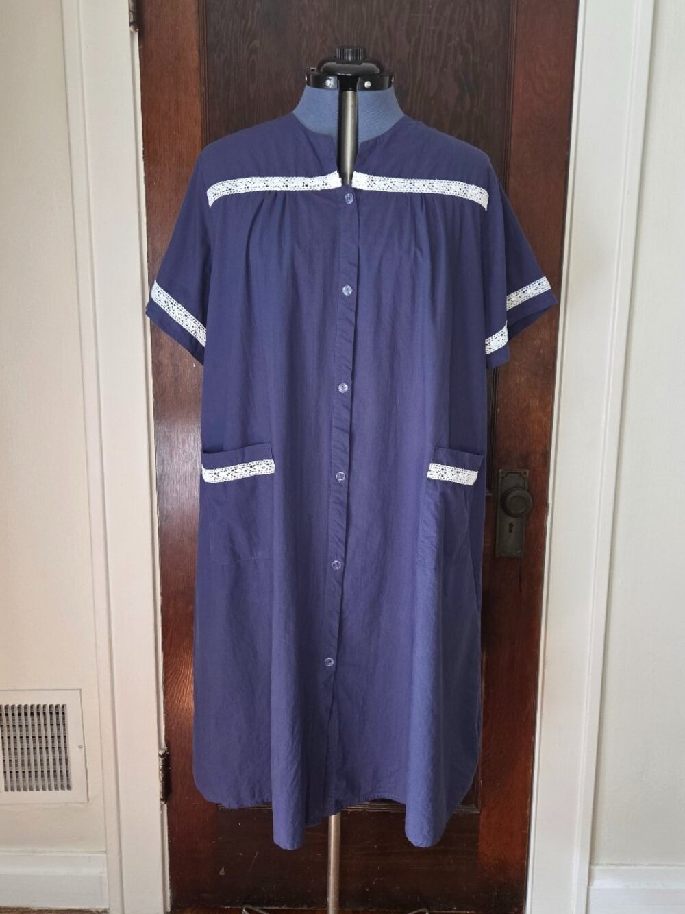 Navy Short Sleeve Lace Trim Cotton Night Gown